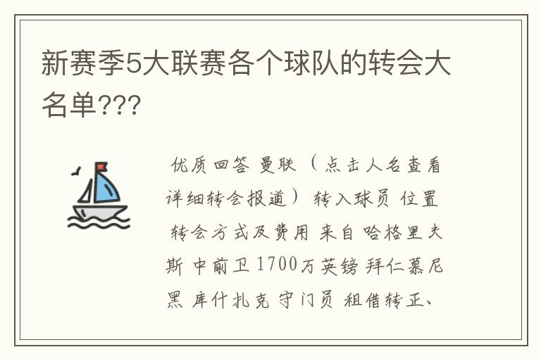 新赛季5大联赛各个球队的转会大名单???
