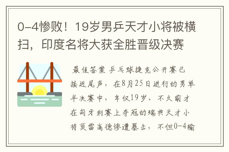 0-4惨败！19岁男乒天才小将被横扫，印度名将大获全胜晋级决赛