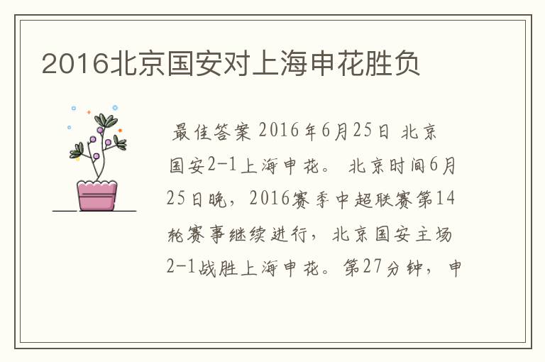 2016北京国安对上海申花胜负