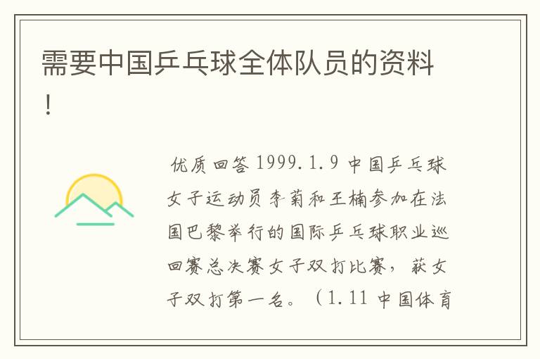需要中国乒乓球全体队员的资料!