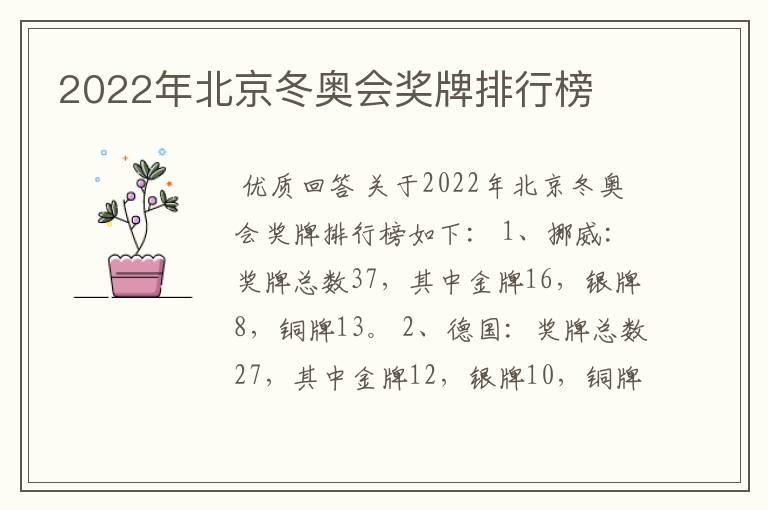 2022年北京冬奥会奖牌排行榜
