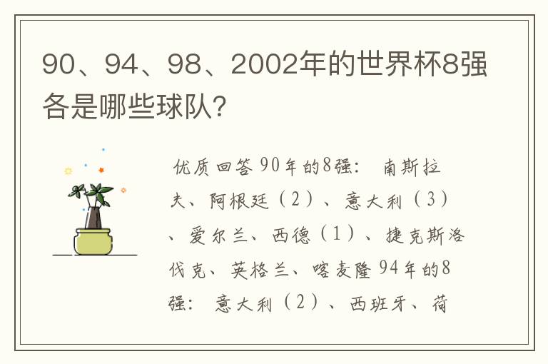 90、94、98、2002年的世界杯8强各是哪些球队?