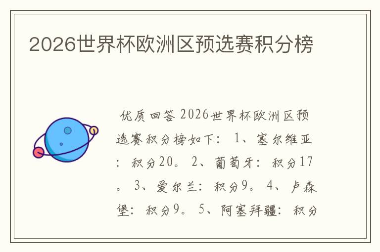 2026世界杯欧洲区预选赛积分榜
