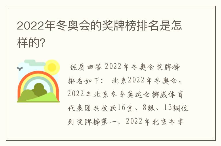 2022年冬奥会的奖牌榜排名是怎样的?