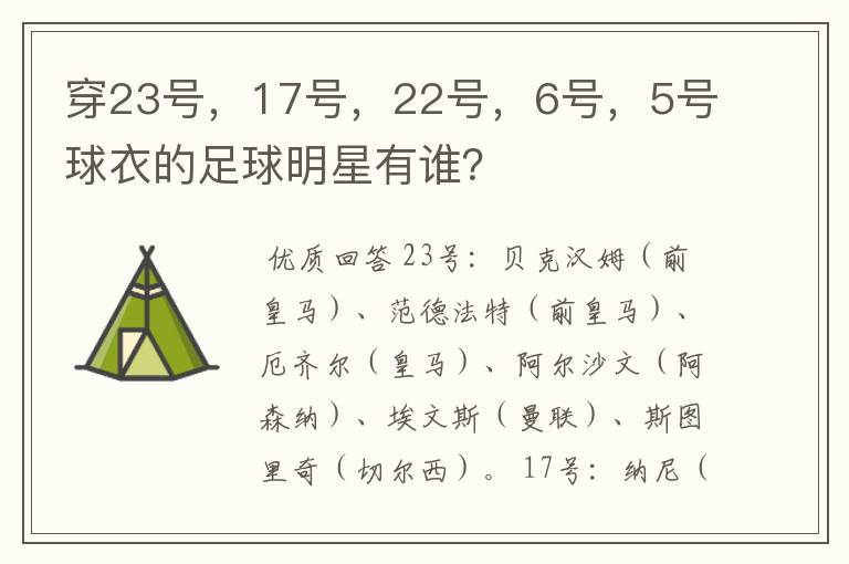 穿23号,17号,22号,6号,5号球衣的足球明星有谁?