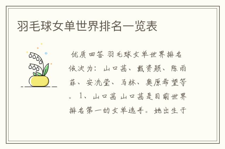羽毛球女单世界排名一览表
