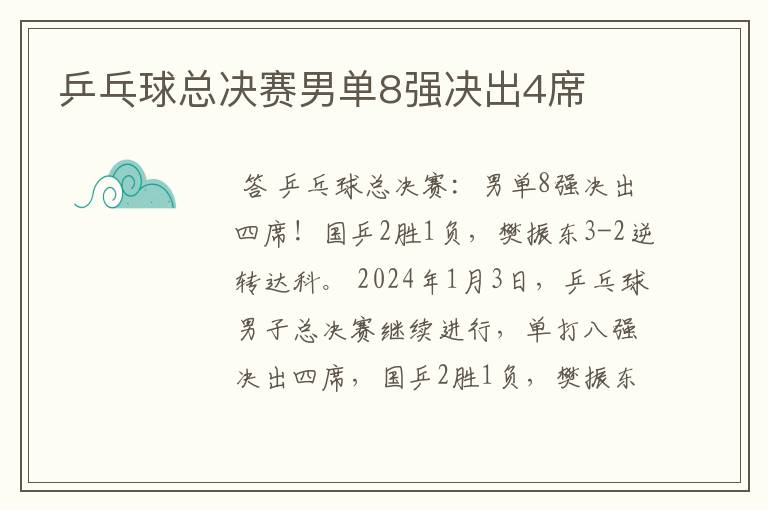 乒乓球总决赛男单8强决出4席