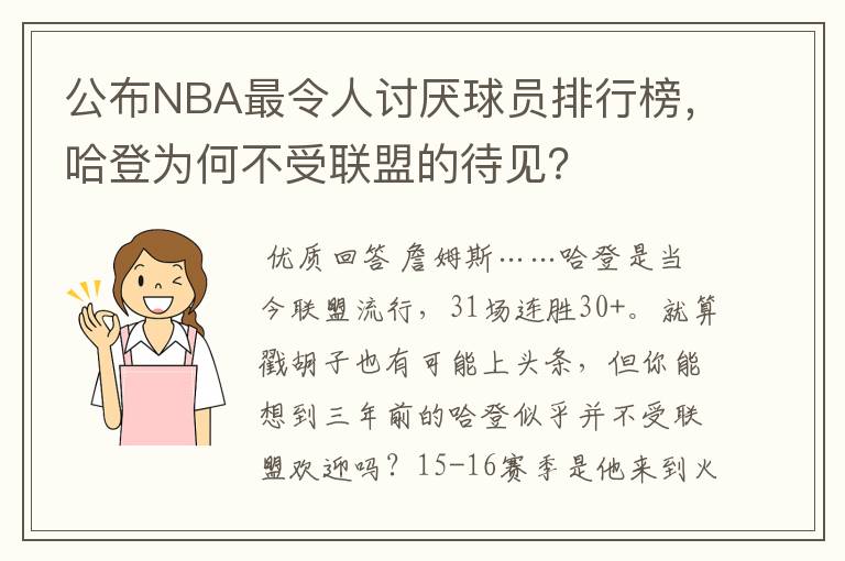 公布NBA最令人讨厌球员排行榜,哈登为何不受联盟的待见?