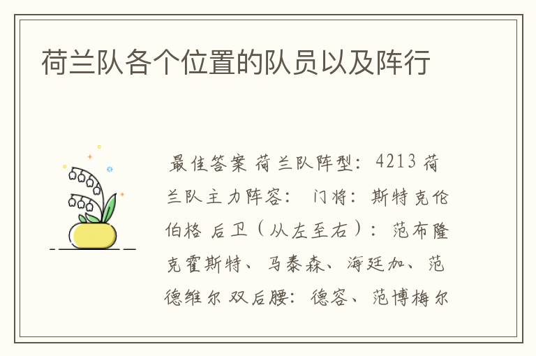 荷兰队各个位置的队员以及阵行