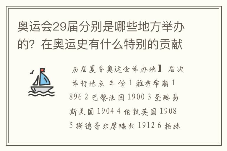奥运会29届分别是哪些地方举办的?在奥运史有什么特别的贡献?