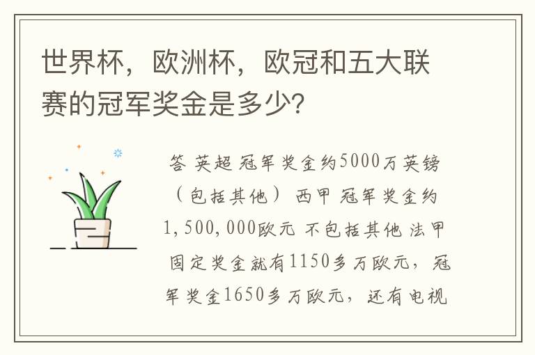 世界杯,欧洲杯,欧冠和五大联赛的冠军奖金是多少?