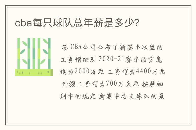 cba每只球队总年薪是多少?
