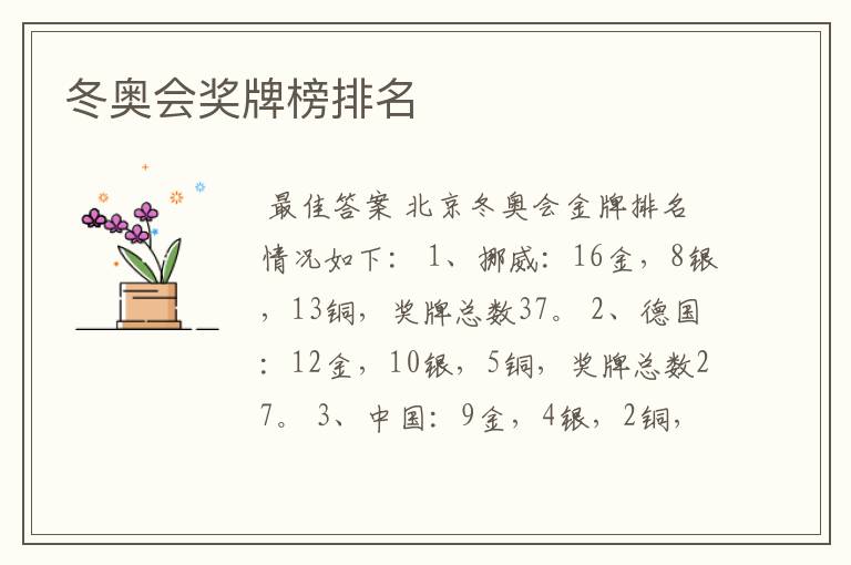 冬奥会奖牌榜排名