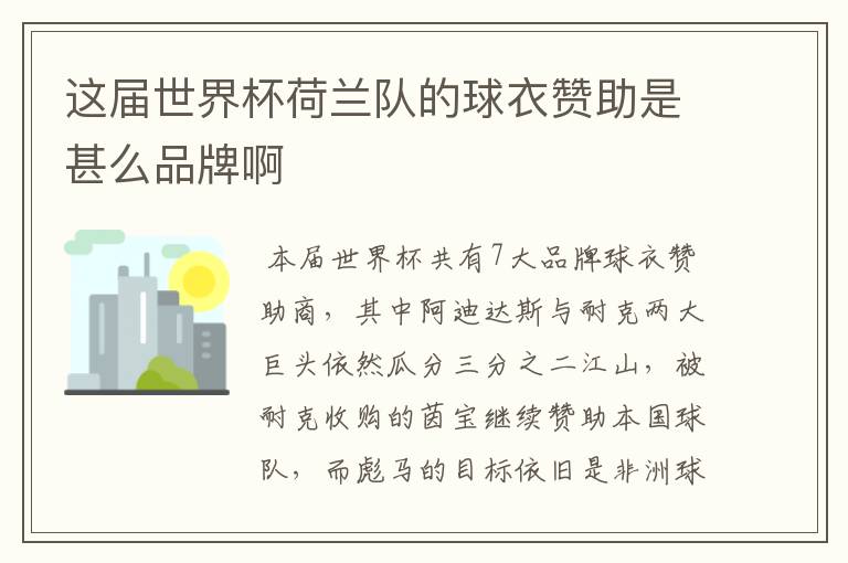 这届世界杯荷兰队的球衣赞助是甚么品牌啊