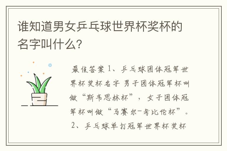 谁知道男女乒乓球世界杯奖杯的名字叫什么?