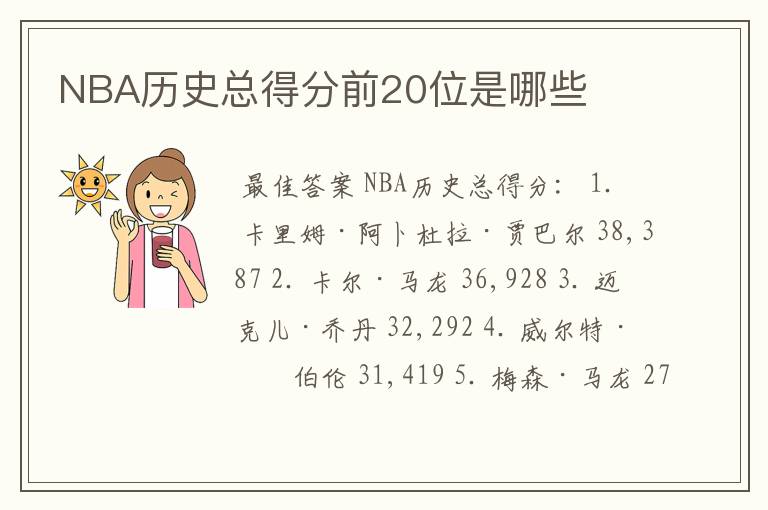 NBA历史总得分前20位是哪些