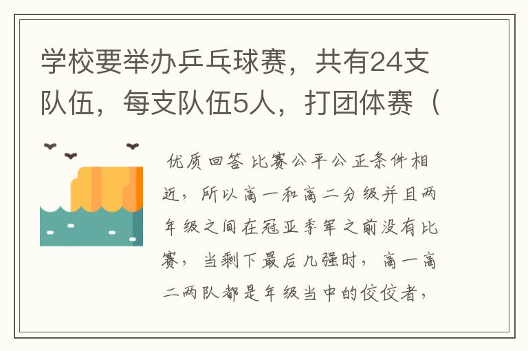 学校要举办乒乓球赛,共有24支队伍,每支队伍5人,打团体赛(男单),要求决出冠亚季军,求最佳赛制方案