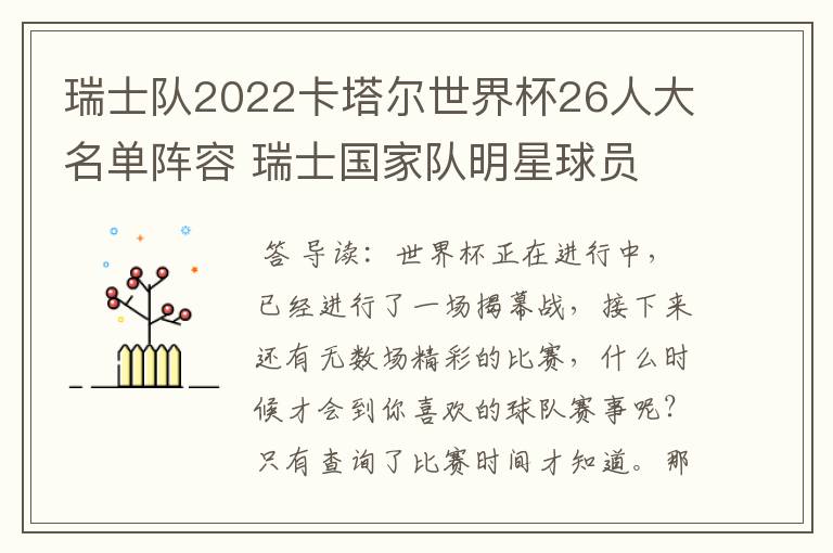 瑞士队2022卡塔尔世界杯26人大名单阵容 瑞士国家队明星球员