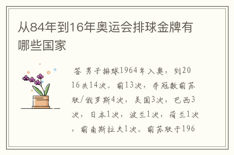 从84年到16年奥运会排球金牌有哪些国家