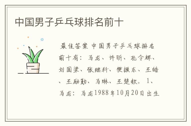 中国男子乒乓球排名前十