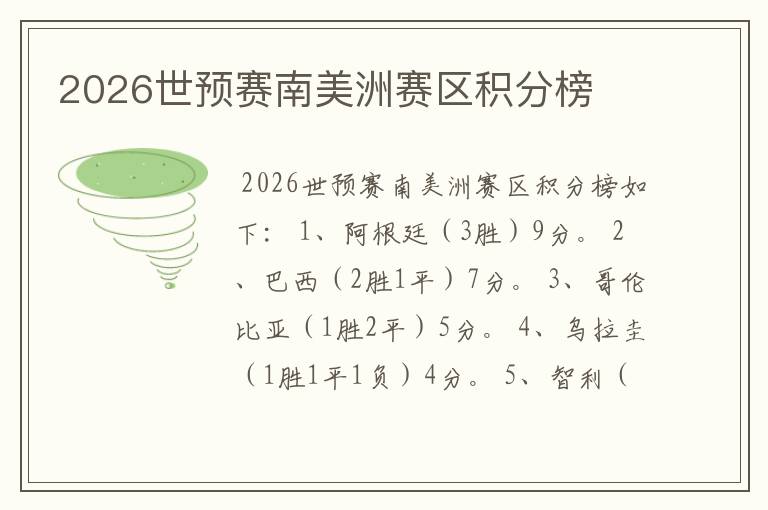 2026世预赛南美洲赛区积分榜