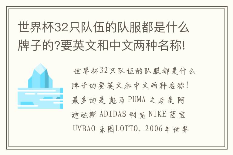 世界杯32只队伍的队服都是什么牌子的?要英文和中文两种名称!