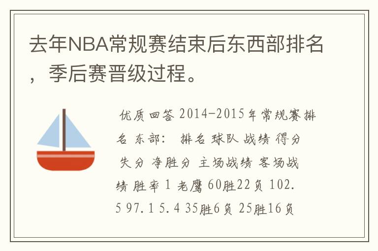 去年NBA常规赛结束后东西部排名,季后赛晋级过程。