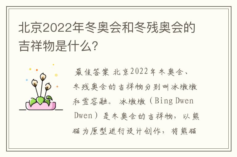 北京2022年冬奥会和冬残奥会的吉祥物是什么?