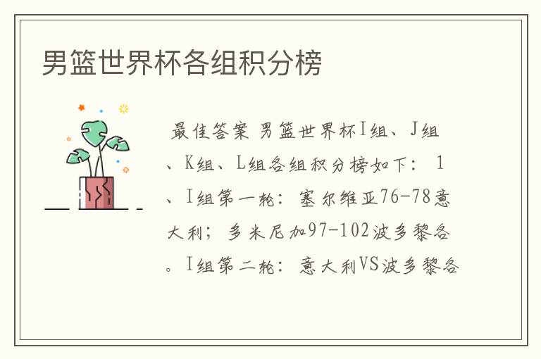 男篮世界杯各组积分榜