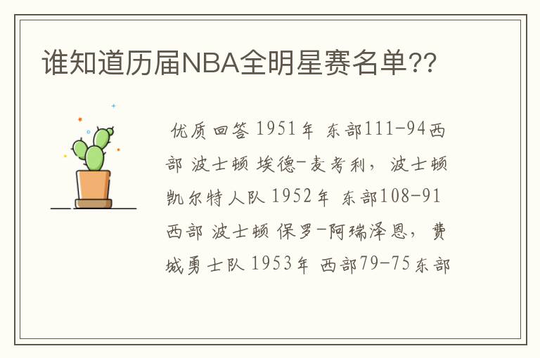 谁知道历届NBA全明星赛名单??
