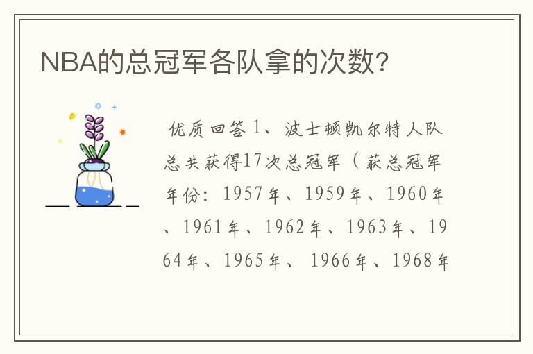 NBA的总冠军各队拿的次数?
