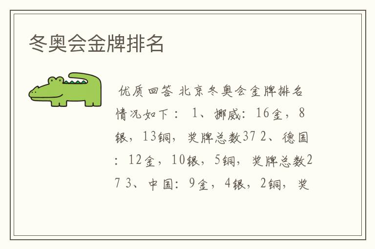 冬奥会金牌排名
