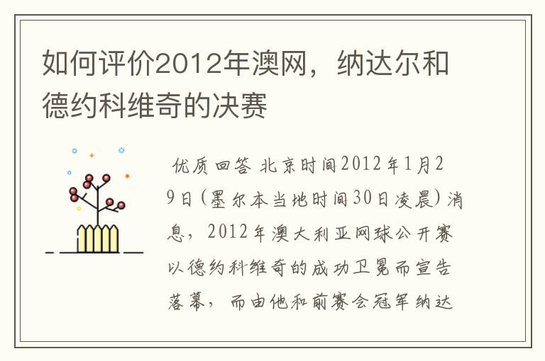 如何评价2012年澳网，纳达尔和德约科维奇的决赛
