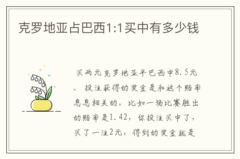 克罗地亚占巴西1:1买中有多少钱