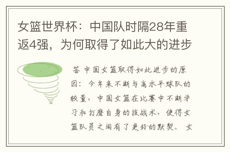 女篮世界杯:中国队时隔28年重返4强,为何取得了如此大的进步?
