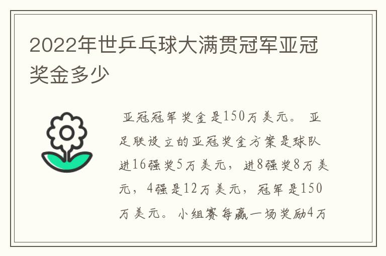 2022年世乒乓球大满贯冠军亚冠奖金多少