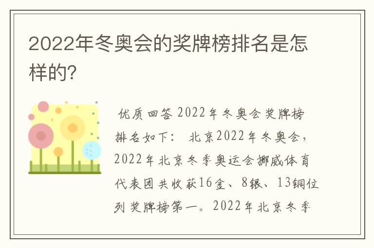 2022年冬奥会的奖牌榜排名是怎样的?