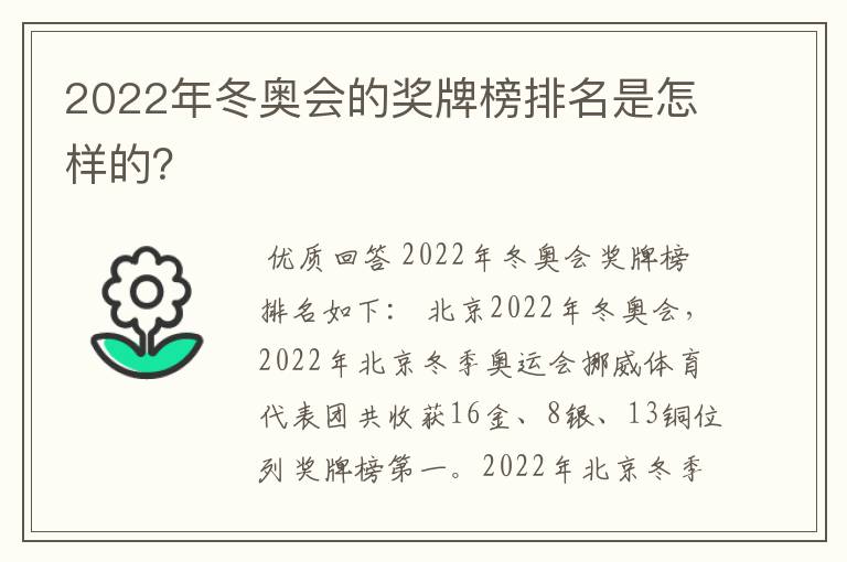 2022年冬奥会的奖牌榜排名是怎样的?