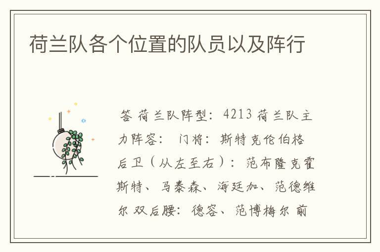 荷兰队各个位置的队员以及阵行