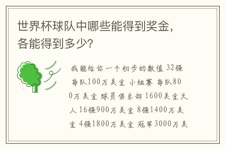 世界杯球队中哪些能得到奖金,各能得到多少?