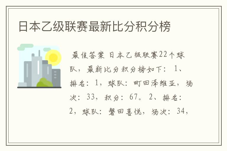 日本乙级联赛最新比分积分榜