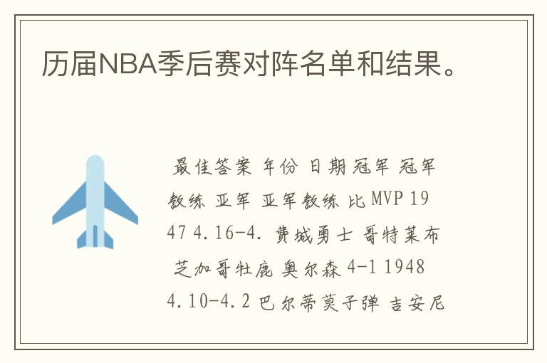 历届NBA季后赛对阵名单和结果。