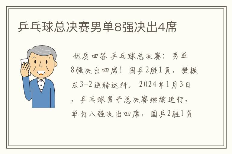 乒乓球总决赛男单8强决出4席