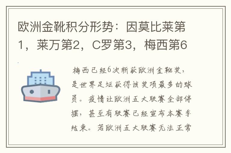 欧洲金靴积分形势:因莫比莱第1,莱万第2,C罗第3,梅西第6