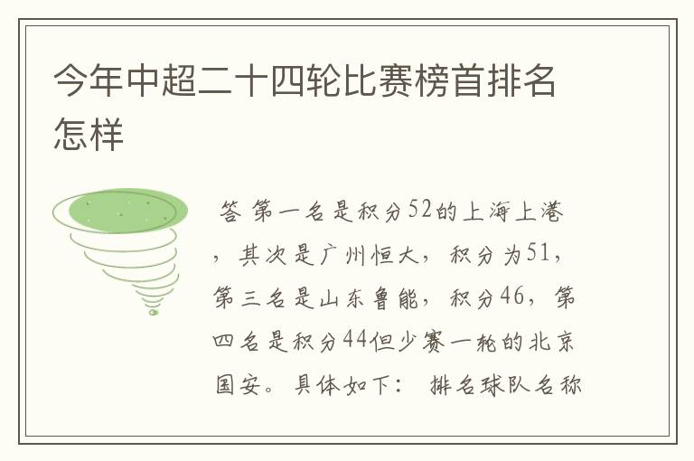 今年中超二十四轮比赛榜首排名怎样