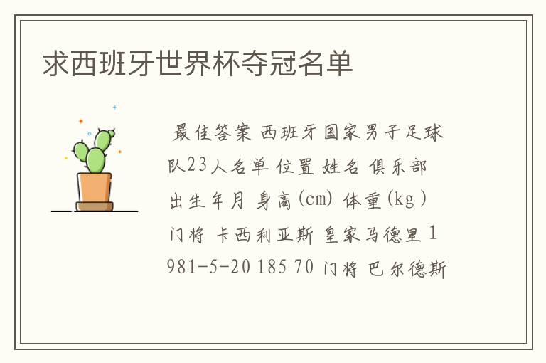 求西班牙世界杯夺冠名单