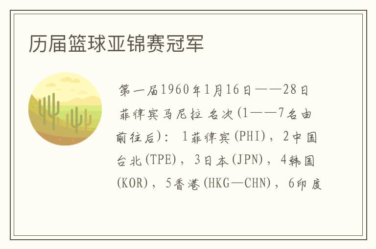历届篮球亚锦赛冠军