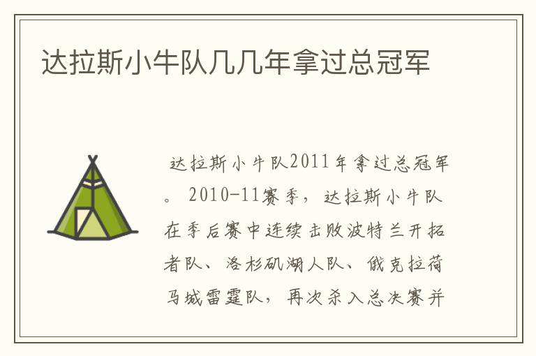 达拉斯小牛队几几年拿过总冠军