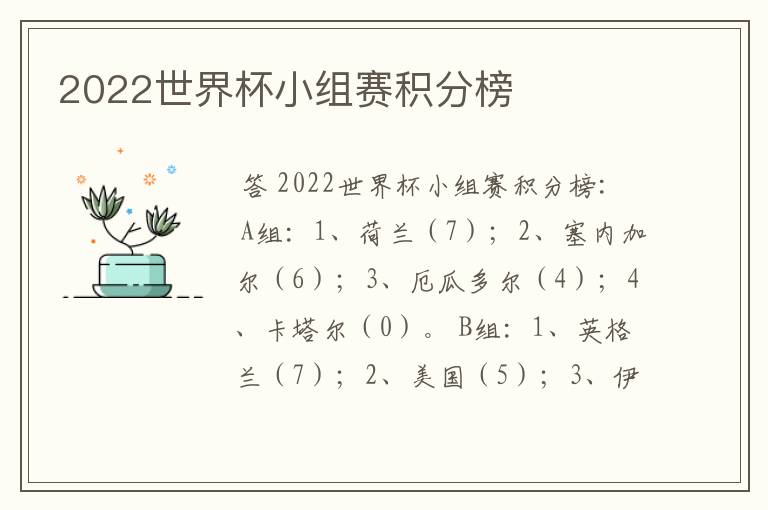 2022世界杯小组赛积分榜