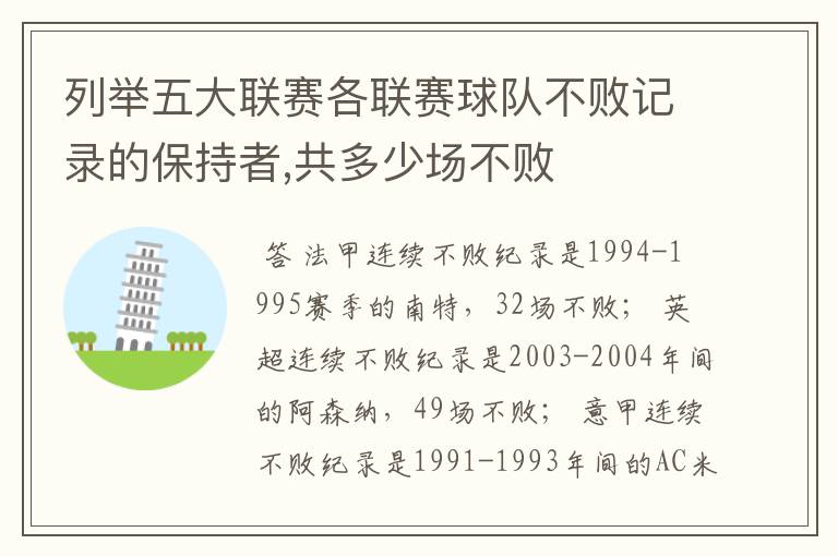 列举五大联赛各联赛球队不败记录的保持者,共多少场不败